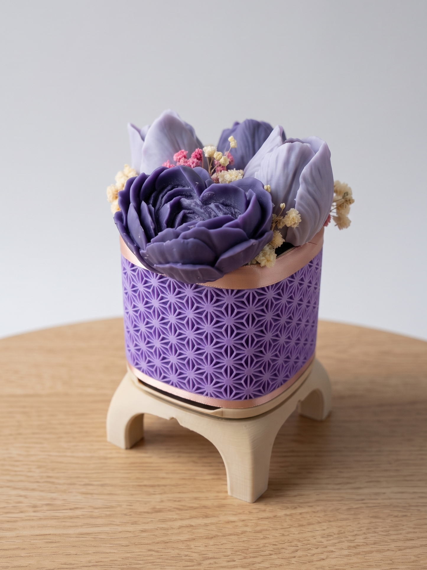 Wax Flower Arrangement — Small | Purple Rose Gold | Purple Heart Rose & 3 Tulips