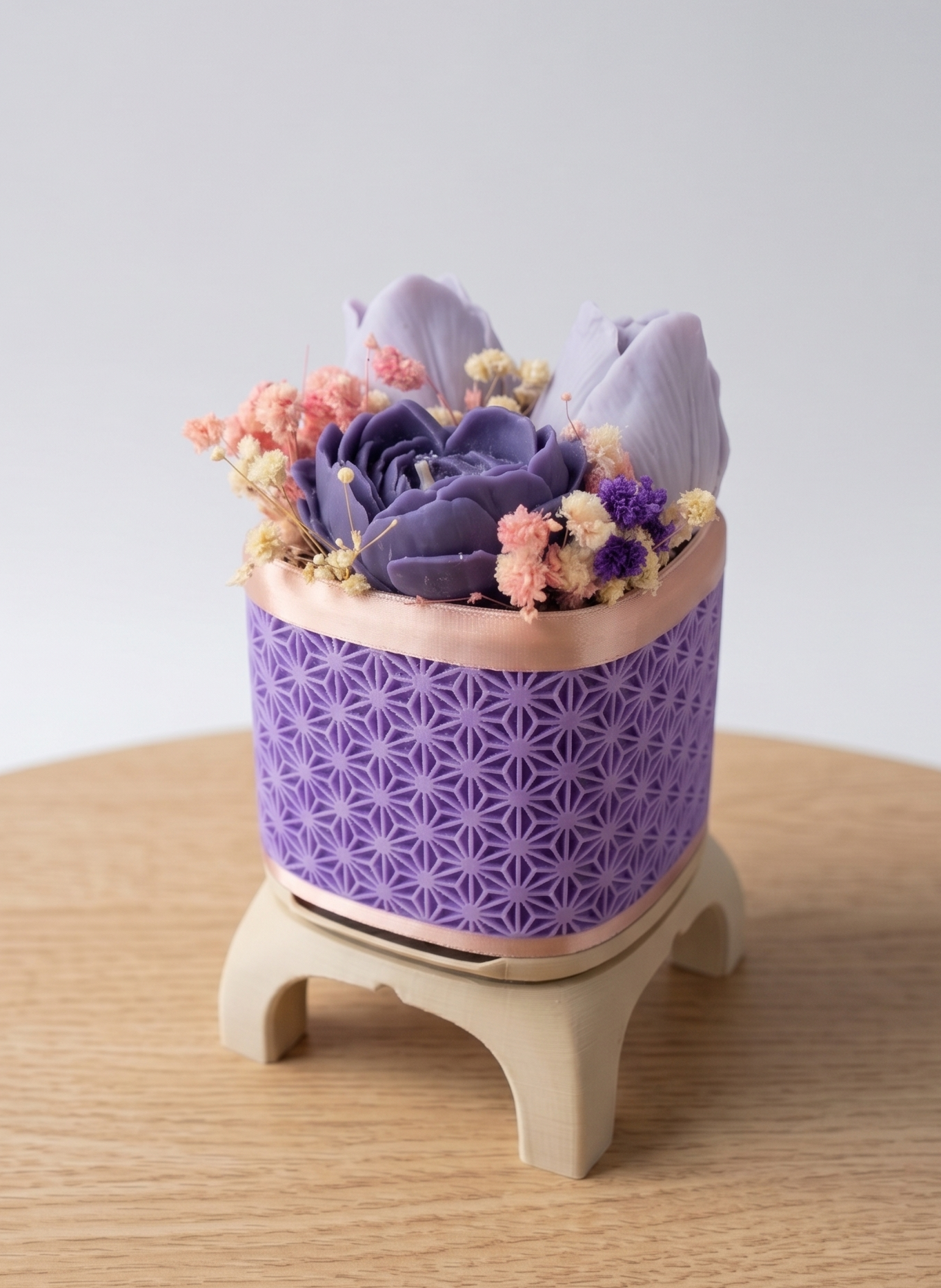 Wax Flower Arrangement — Small | Purple Rose Gold | Small Heart Rose (Dark Purple) & 2 Purple Tulips