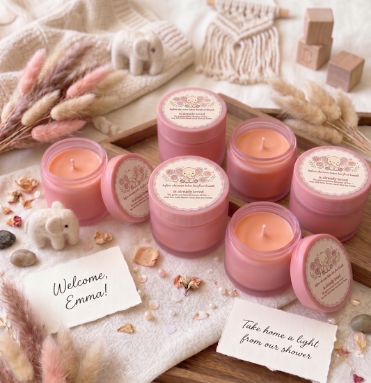 Baby Elephant Girl Baby Shower Candle Favors | Set of 10 | Pink Glass Jar | Personalized Candles | English & Spanish