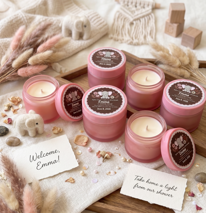 Baby Elephant Girl Baby Shower Candle Favors | Set of 10 | Pink Glass Jar | Personalized Candles | English & Spanish