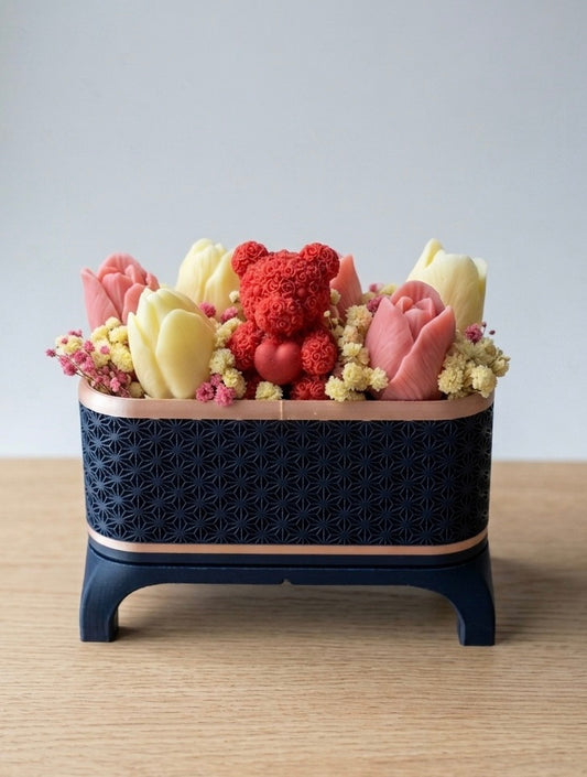 Wax Flower Arrangement — Medium | Navy & Rose Gold | Red Bear and Tulips