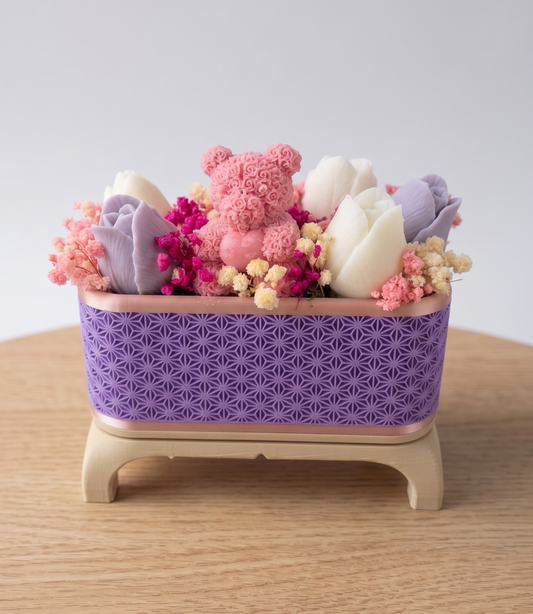 Wax Flower Arrangement — Medium | Purple Rose Gold | Pink Bear & Tulips Collection