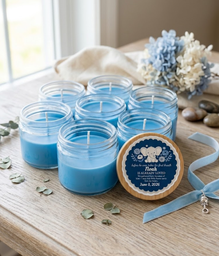 Baby Elephant Boy Baby Shower Candle Favors | Set of 10 Personalized Candles | Custom Wax Color & Scent