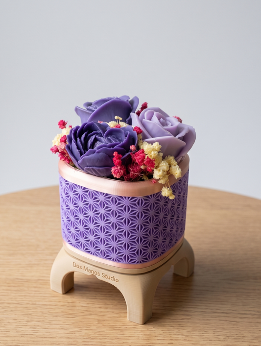 Wax Flower Arrangement — Small | Purple Rose Gold | Small Heart Rose (dark purple) & 2 Purple Roses