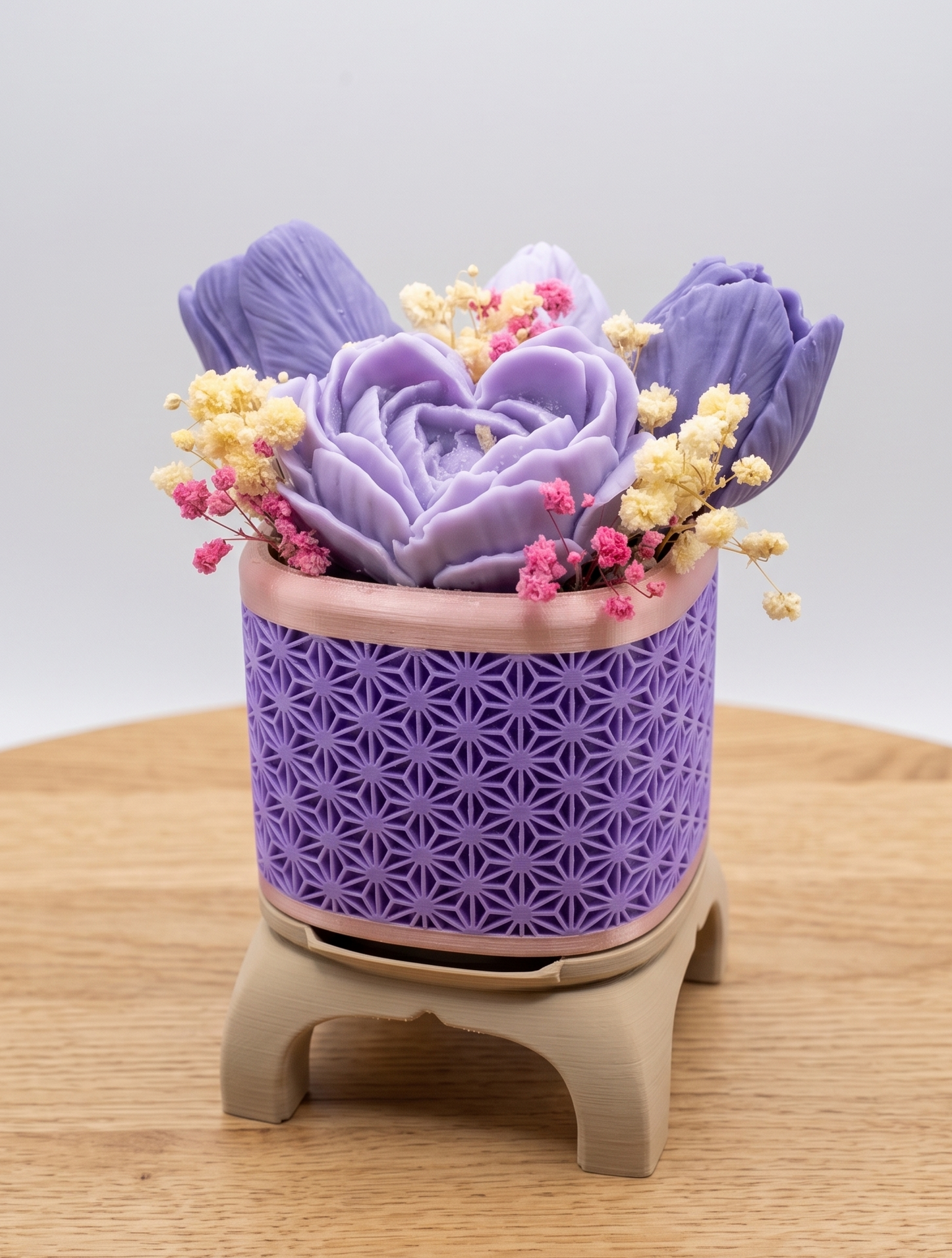 Wax Flower Arrangement — Small | Purple Rose Gold | Purple Heart Rose (Light Purple) and 3 Tulips
