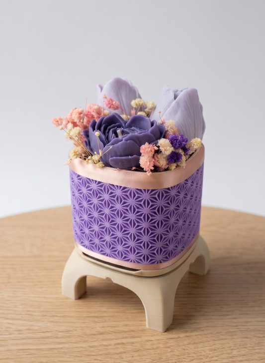Wax Flower Arrangement — Small | Purple Rose Gold | Small Heart Rose (Dark Purple) & 2 Purple Tulips